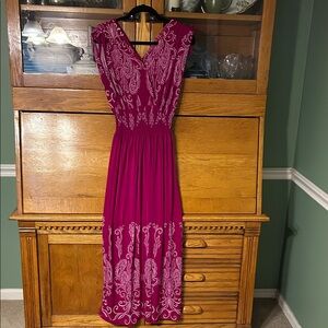 Jon & Anna Magenta Abstract Paisley Floral Print Smocked Maxi Dress Boho Summer